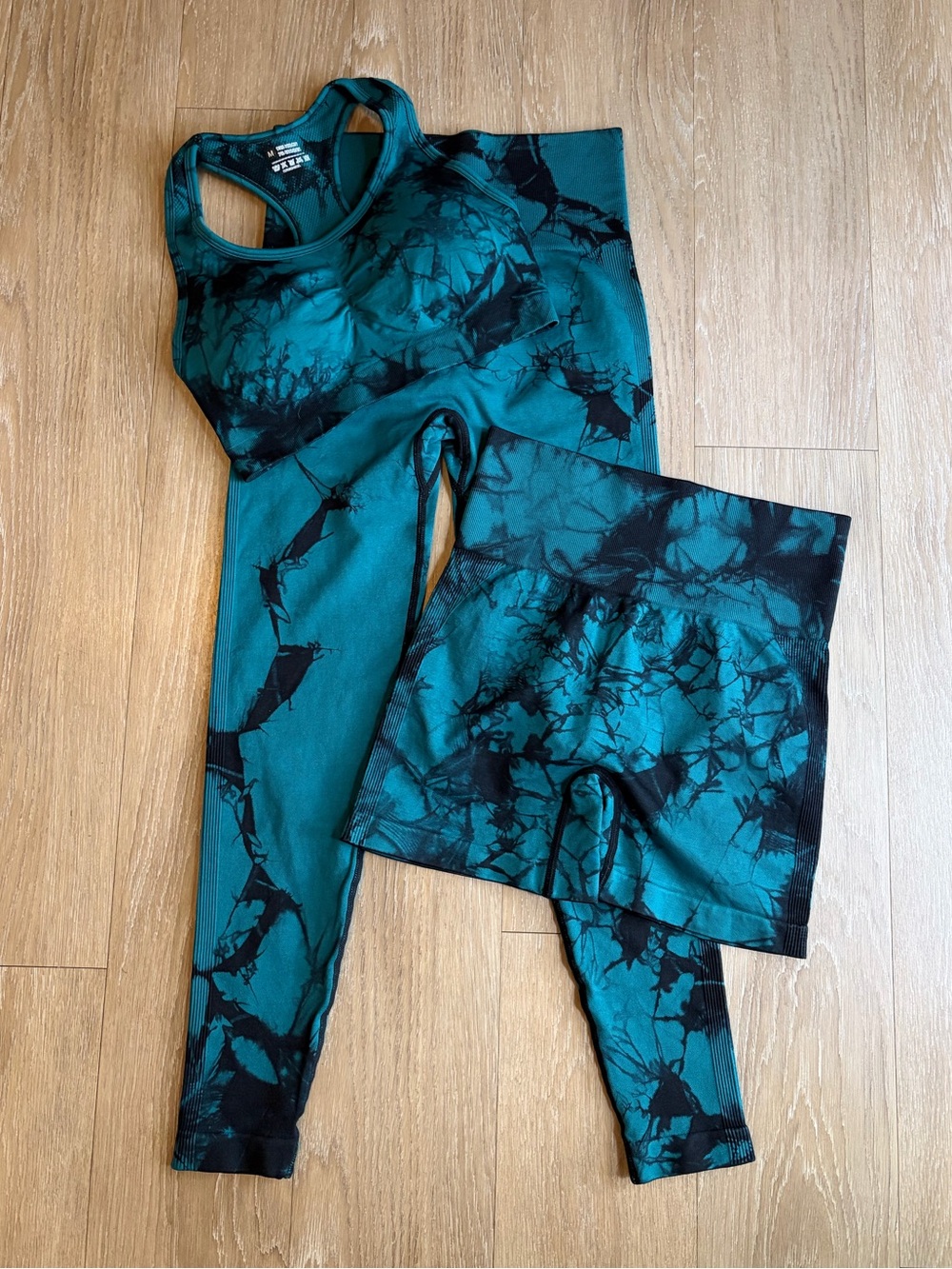 Athletic Teal & Black Tie-Dye Leggings, Biker Shorts & Tank Set